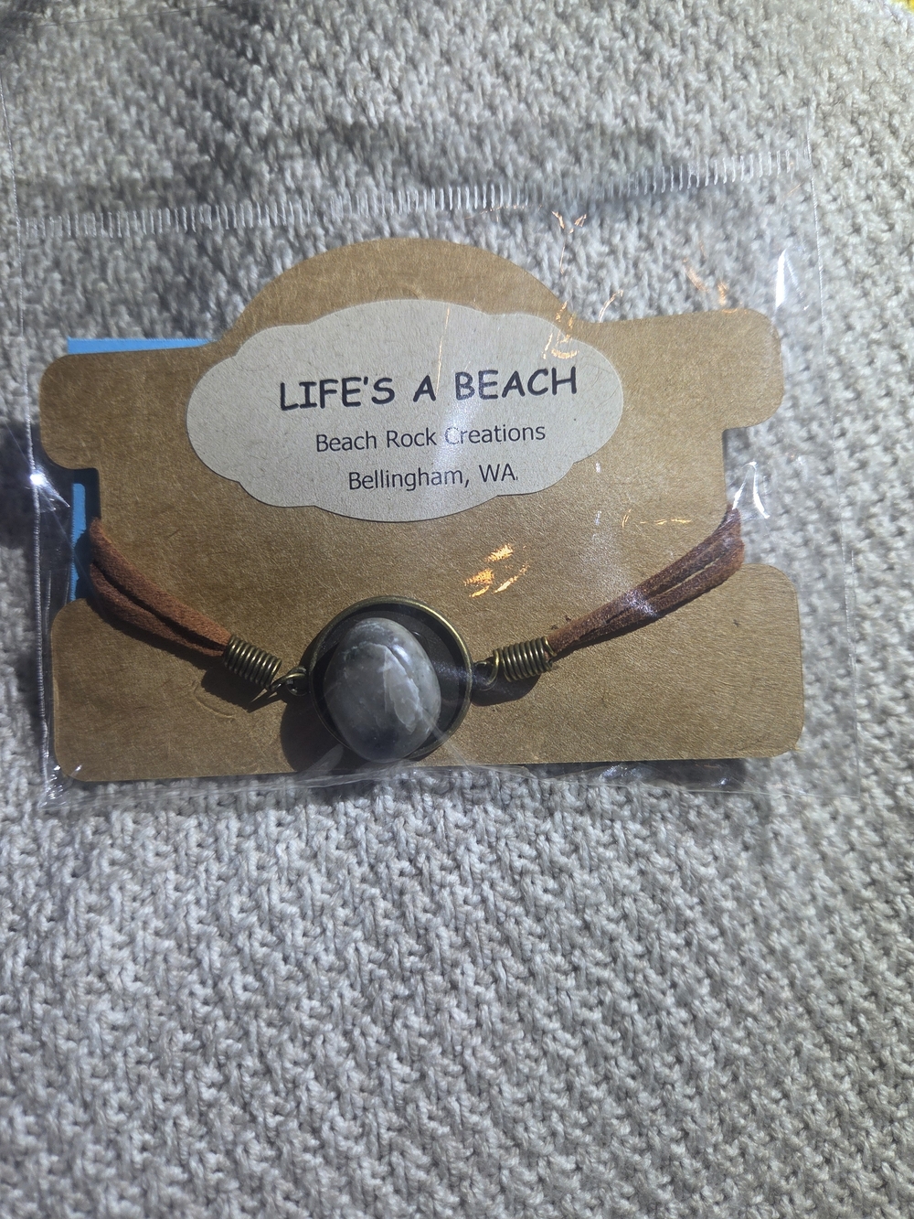 Life's A Beach Laboradite Bracelet/Anklet W/Brown Leather Look Strap